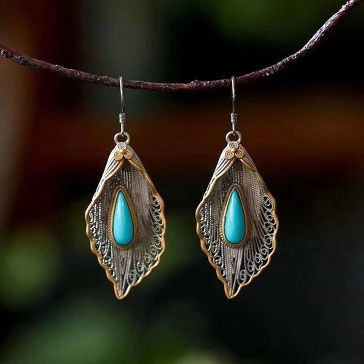 Buddha Stones 925 Sterling Silver Turquoise Bodhi Leaf Pattern Protection Drop Dangle Earrings - Gold - image 0