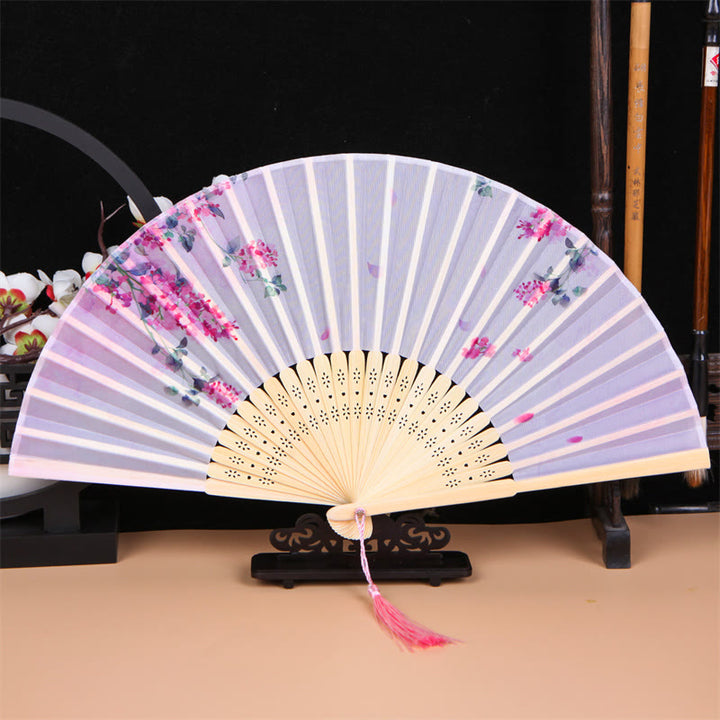 Buddha Stones Classic Birds Singing Flowers Handheld Bamboo Folding Fan - Wisteria Flower - image 7