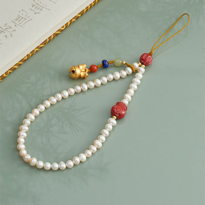 Buddha Stones Natural Pearl Cinnabar Money Bag Bell Gold Swallowing Beast Dancing Lion Healing Phone Hanging Decoration - image 2