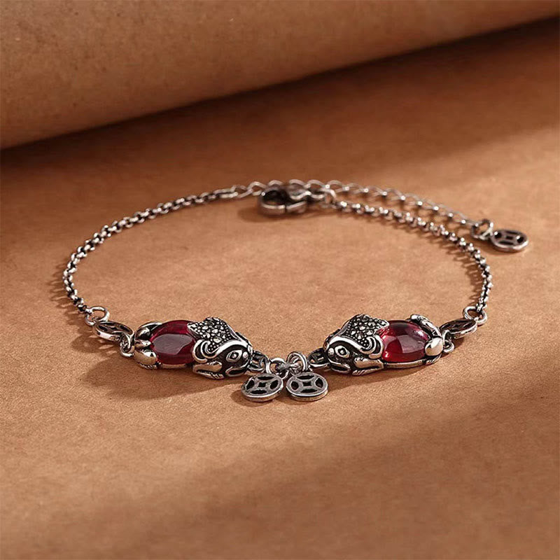 Buddha Stones Garnet Double PiXiu Copper Coin Protection Chain Bracelet - 14-20cm - image 0