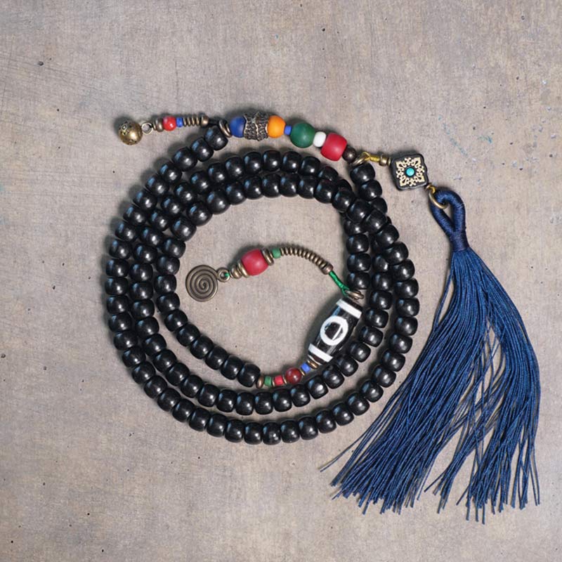 Buddha Stones 108 Beads Mala Ebony Wood Dzi Bead Copper Balance Tassel Bracelet - 18cm - image 0
