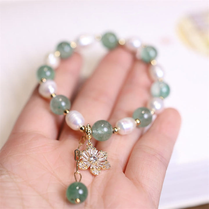 Buddha Stones Natural Green Strawberry Quartz Pearl Flower Charm Love Bracelet - image 3
