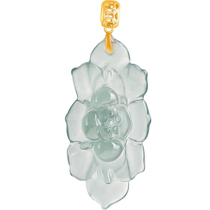 Buddha Stones 18K Gold Natural Jade Lotus Pattern Prosperity Necklace Pendant - image 9