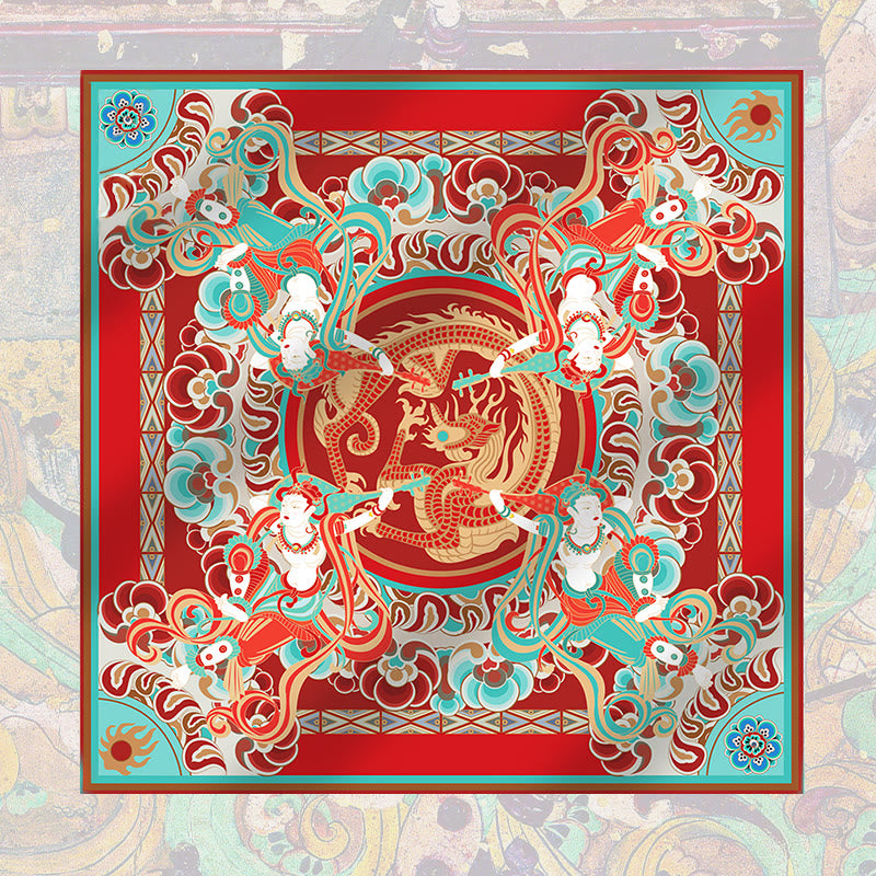 Buddha Stones Dunhuang Rebound Pipa Flying Frescoes 100% Mulberry Silk Scarf Premium Grade 6A Dunhuang Shawl - Large 100% Mulberry Silk Scarf 90*90cm - image 0