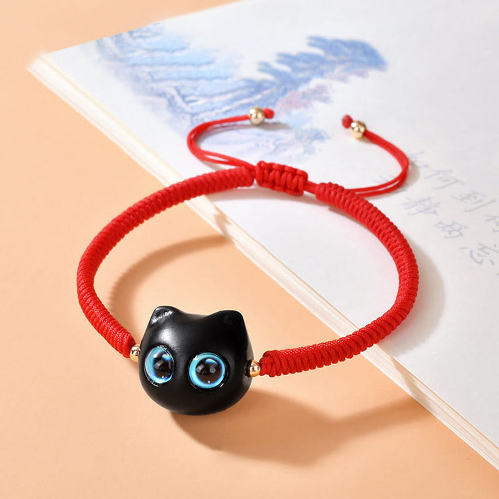 Buddha Stones Ebony Wood Cat Head Pattern Peace King Kong Knot Braided Bracelet - Red Rope(Wrist Circumference 14-18cm) - image 8