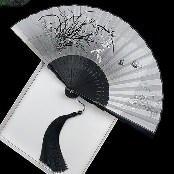 Buddha Stones Vintage Bamboo Peony Butterfly Lotus Handheld Silk Folding Fan With Bamboo Frames - Orchid Butterfly - image 12