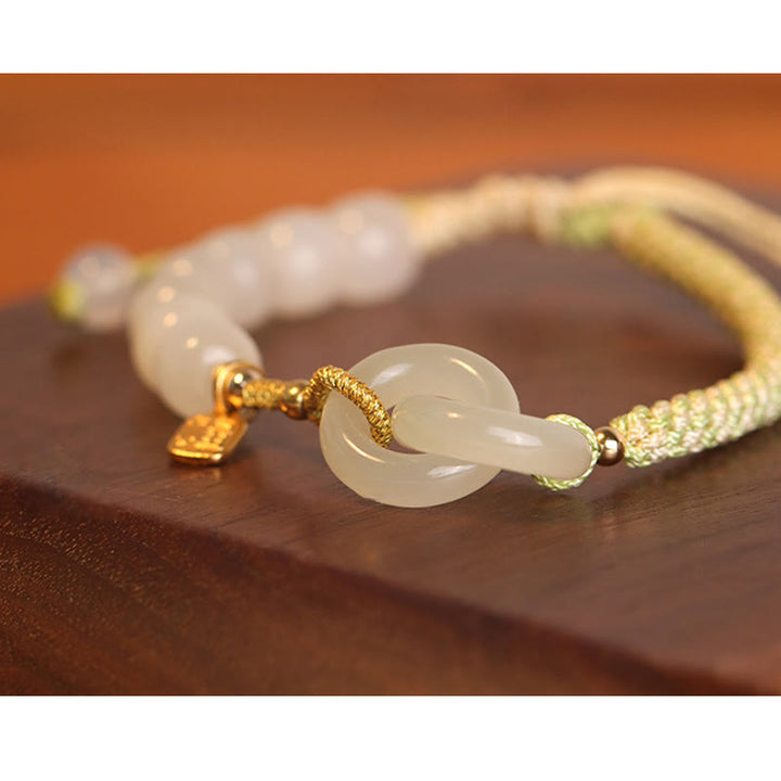 Buddha Stones Natural Hetian Jade Bead Double Peace Buckle Fu Character Abundance Braided Bracelet - image 16