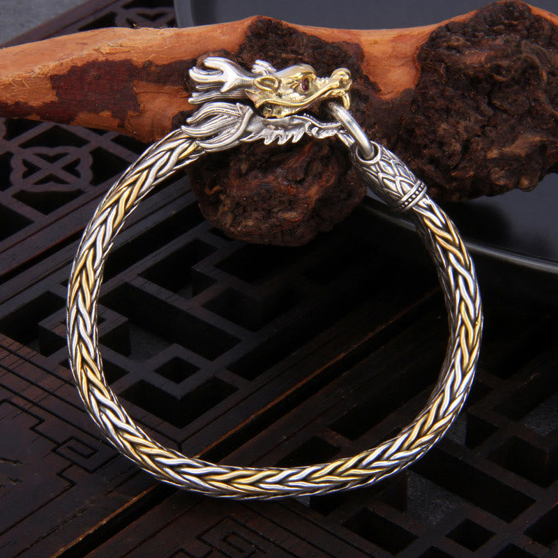 Buddha Stones 925 Sterling Silver Year Of The Dragon Auspicious Dragon Protection Metal Braided Design Bracelet - 22cm fit for Wrist Circumference 20cm - image 0