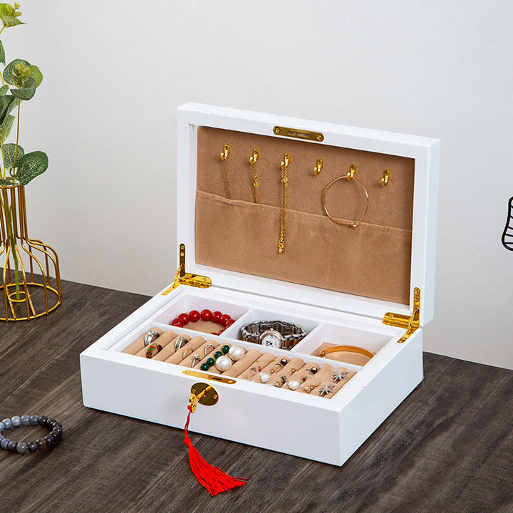Buddha Stones Vintage Wooden Jewelry Box Two-Layer Solid Wood Jewelry Storage Box - image 27