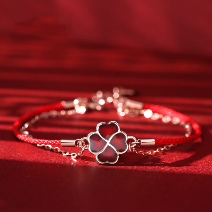 Buddha Stones 925 Sterling Silver Color-changing Four Leaf Clover Luck Protection Red String Bracelet - image 3