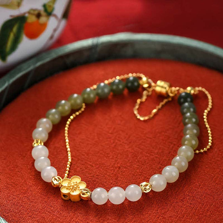 Buddha Stones 925 Sterling Silver Natural Hetian Jade Peach Blossom Luck Chain Bracelet - image 7