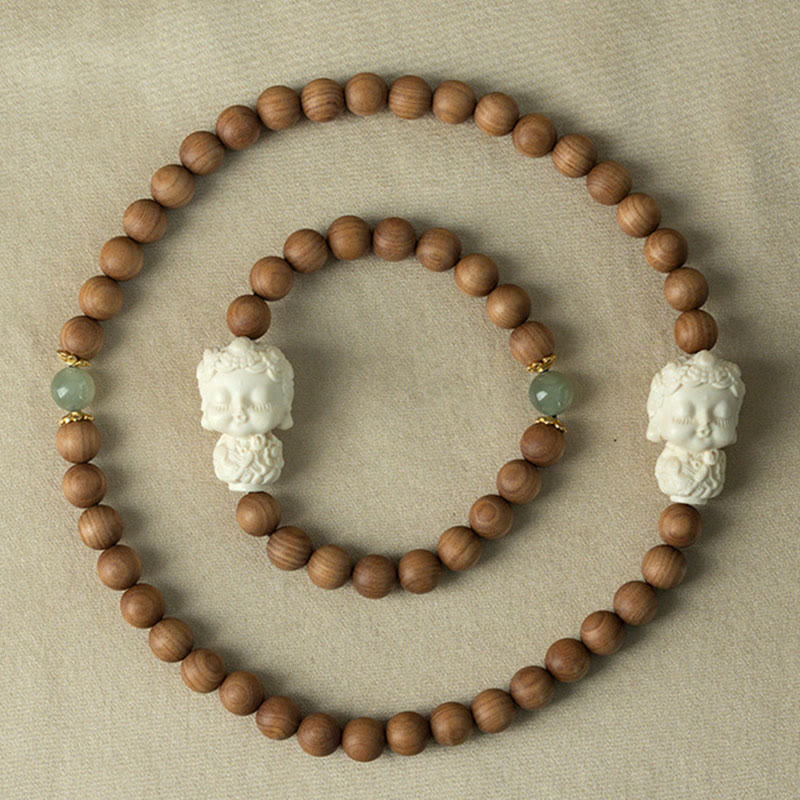 Buddha Stones Sandalwood Hetian Jade Ivory Fruit Green Tara Protection Bracelet - image 4