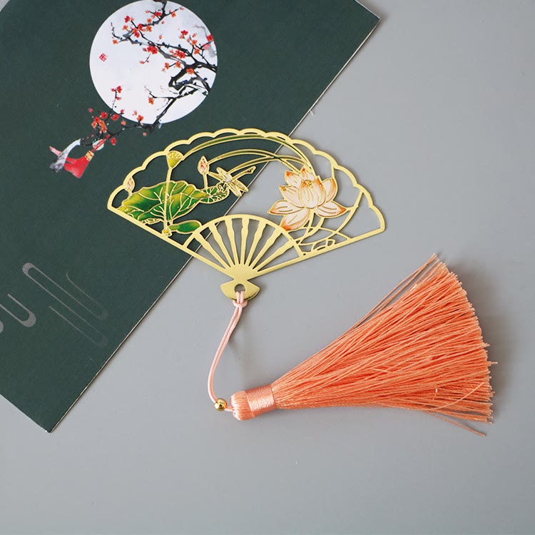 Buddha Stones Traditional Butterfly Lotus Flower Crane Dragon Phoenix Fox Koi Fish New Beginning Metal Brass Hollow Fan Bookmarks - Lotus Flower Leaf - image 1