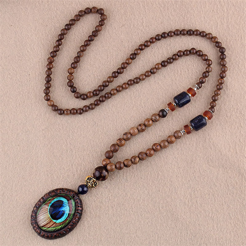 Buddha Stones Tibetan Wenge Wood Bodhi Seed Agate Elephant Protection Necklace Pendant - Wenge Wood&Feathers - image 5