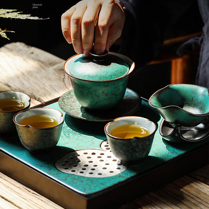 Buddha Stones Retro Green Glaze Ceramic Gaiwan Sancai Teacup Kung Fu Tea Cup And Saucer With Lid - image 8