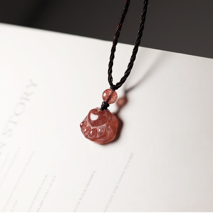 Buddha Stones Strawberry Quartz Lovely Cat Paw Claw Healing Necklace Pendant - Strawberry Quartz(Love♥Healing) - image 0
