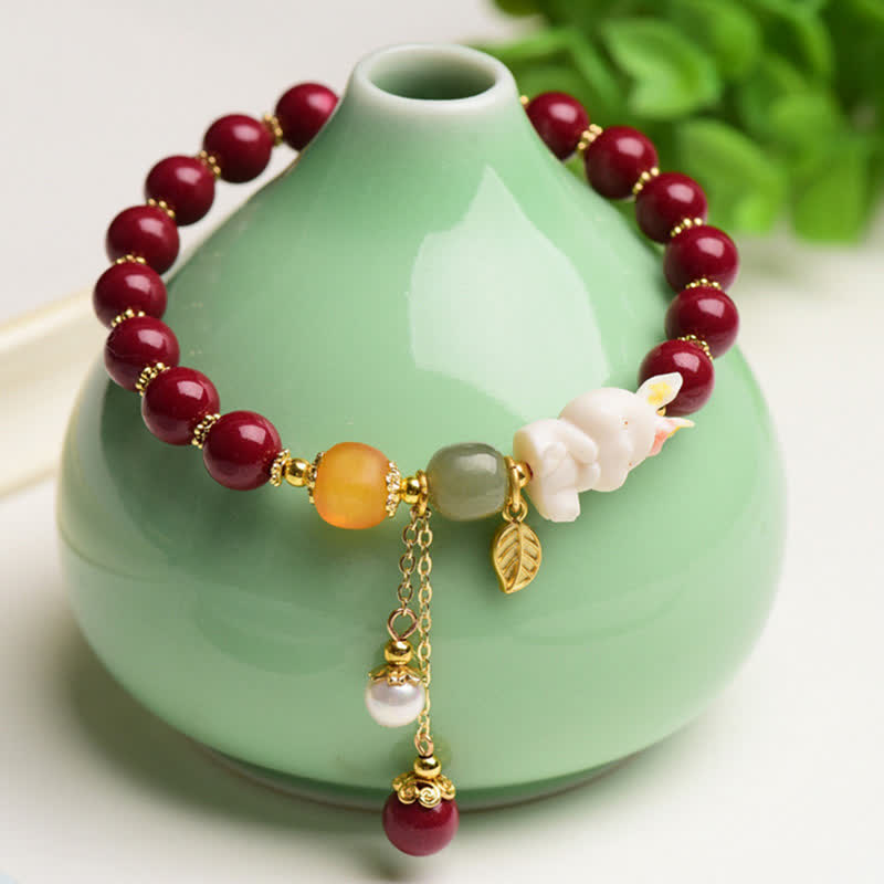 Buddha Stones Year of the Rabbit Cinnabar Hetian Jade Bunny Beaded Blessing Bracelet - 8mm - image 0