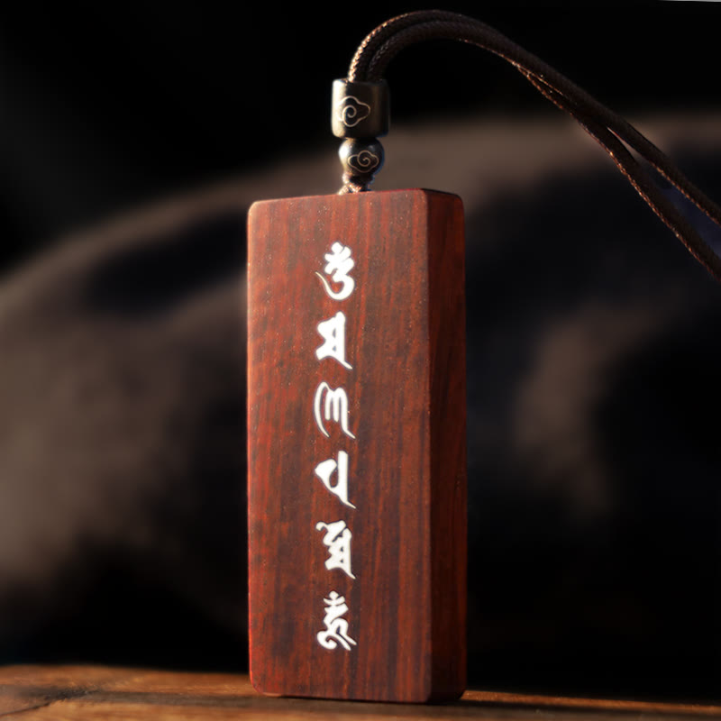 Buddha Stones 999 Sterling Silver Small Leaf Red Sandalwood Ebony Wood Om Mani Padme Hum Inlaid Protection Necklace Pendant - image 4