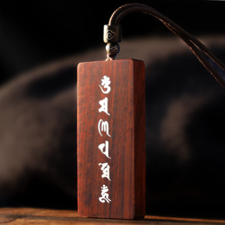 Buddha Stones 999 Sterling Silver Small Leaf Red Sandalwood Ebony Wood Om Mani Padme Hum Inlaid Protection Necklace Pendant - image 4