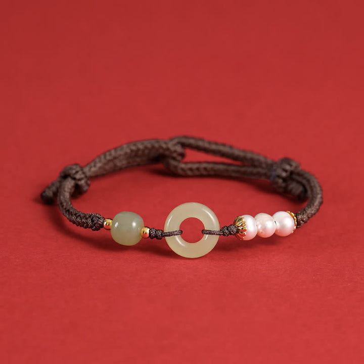 Buddha Stones Natural Hetian Jade Pearl Peace Buckle Luck Bracelet - Dark Brown - image 15