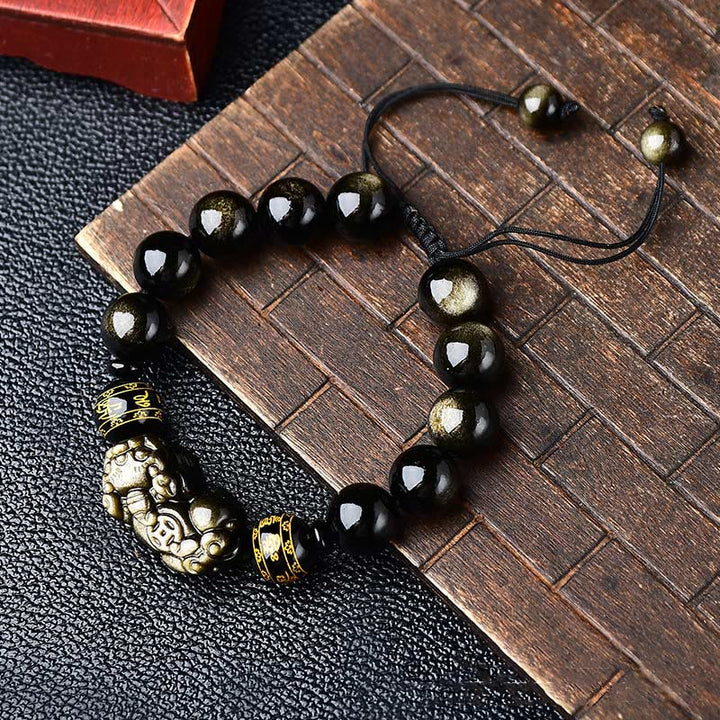 Buddha Stones Natural Gold Sheen Obsidian PiXiu Om Mani Padme Hum Wealth Braided Bracelet - 14mm - image 6