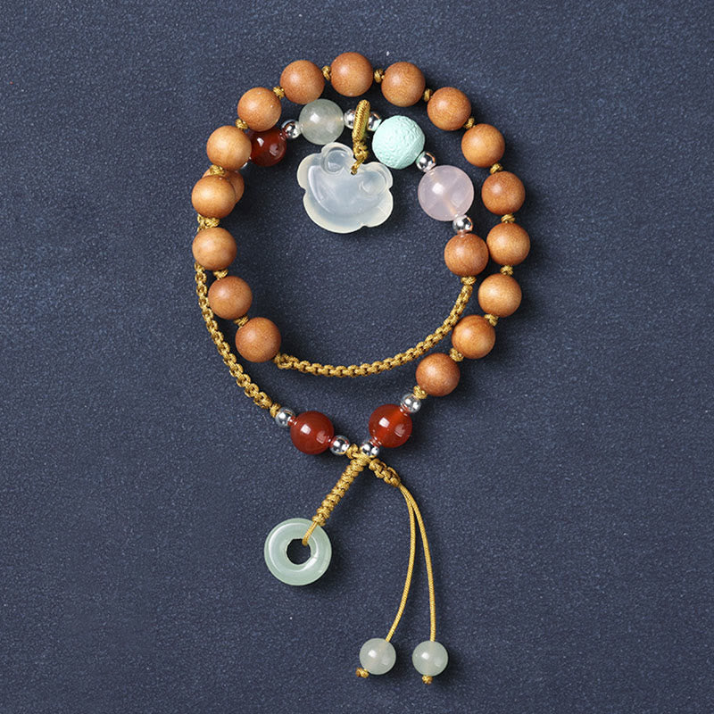 Buddha Stones Green Sandalwood Chalcedony Peace Buckle Charm Soothing Double Wrap Bracelet - Sandalwood(Protection♥Calm)8mm - image 8
