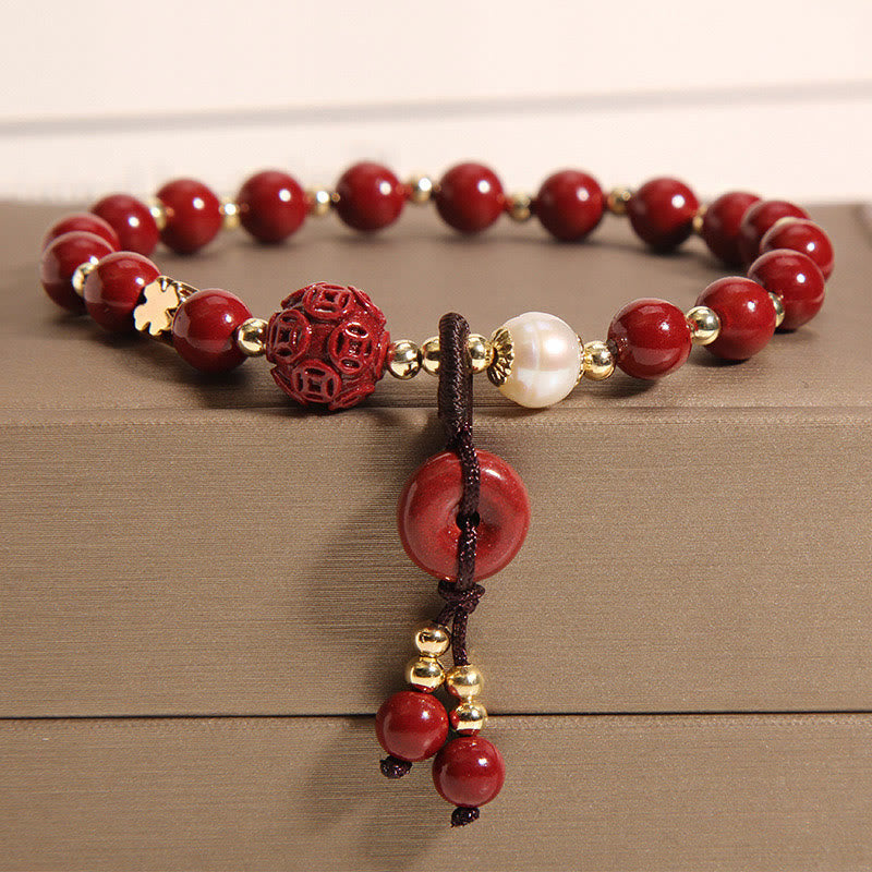 Buddha Stones Natural Cinnabar Peace Buckle Copper Coin Charm Blessing Bracelet - Cinnabar(Calm♥Concentration) - image 0