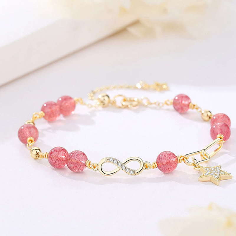 Buddha Stones 14K Gold Plated Natural Strawberry Quartz Moonstone Möbius Loop Eternal Love Star Positive Bracelet - Strawberry Quartz(Love♥Healing) - image 0