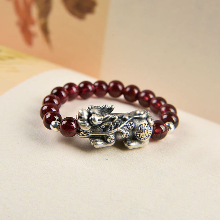 Buddha Stones 925 Sterling Silver Natural Garnet Moonstone Red Agate PiXiu Wealth Ring - image 3