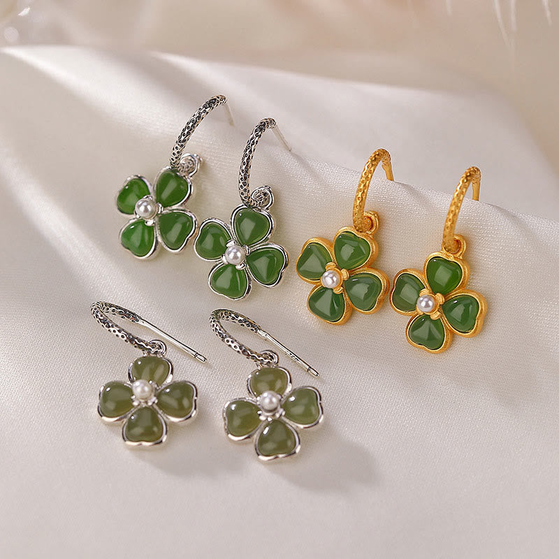 Buddha Stones 925 Sterling Silver Natural Cyan Jade Four Leaf Clover Luck Success Earrings - image 0
