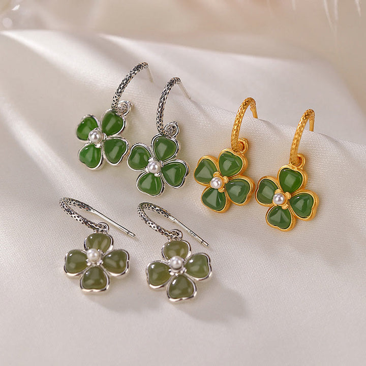 Buddha Stones 925 Sterling Silver Natural Cyan Jade Four Leaf Clover Luck Success Earrings - image 0