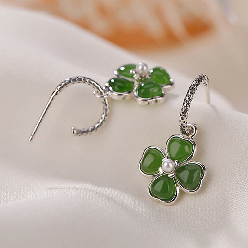 Buddha Stones 925 Sterling Silver Natural Cyan Jade Four Leaf Clover Luck Success Earrings - image 3