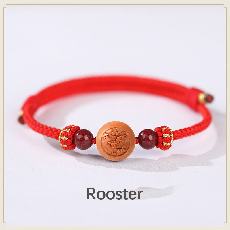 Buddha Stones Natural Peach Wood Chinese Zodiac Fu Character Carved Cinnabar Wealth Bracelet - Rooster-Red(Wrist Circumference 14-22cm) - image 8
