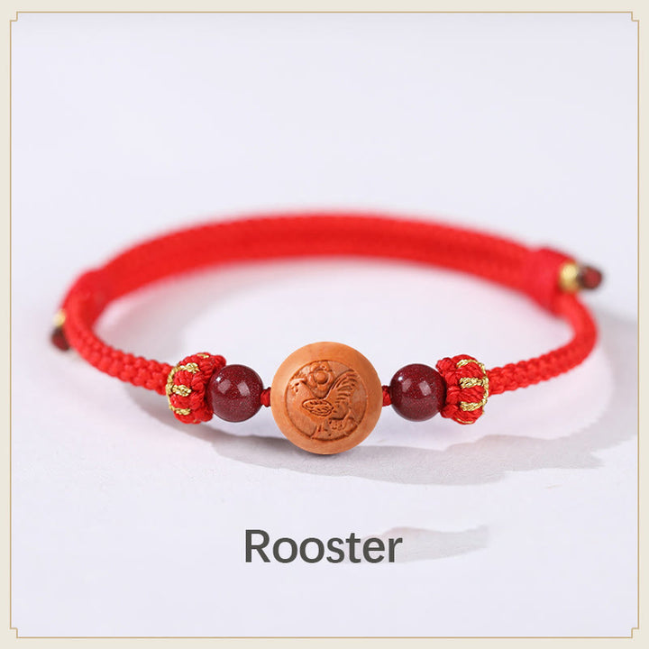 Buddha Stones Natural Peach Wood Chinese Zodiac Fu Character Carved Cinnabar Wealth Bracelet - Rooster-Red(Wrist Circumference 14-22cm) - image 8