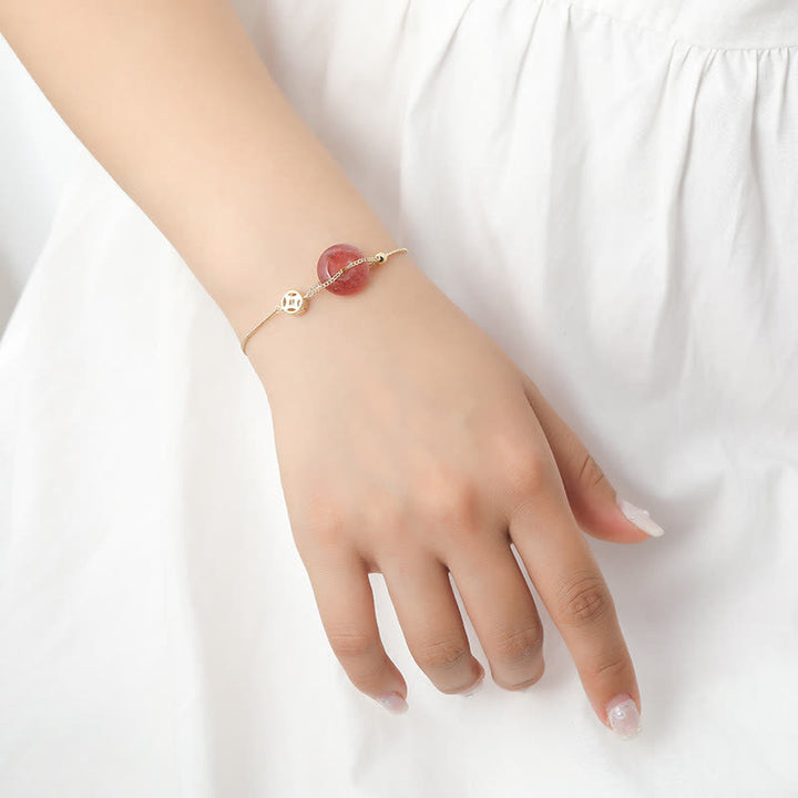 Buddha Stones Strawberry Quartz Peace Buckle Coin Love Bracelet - image 2