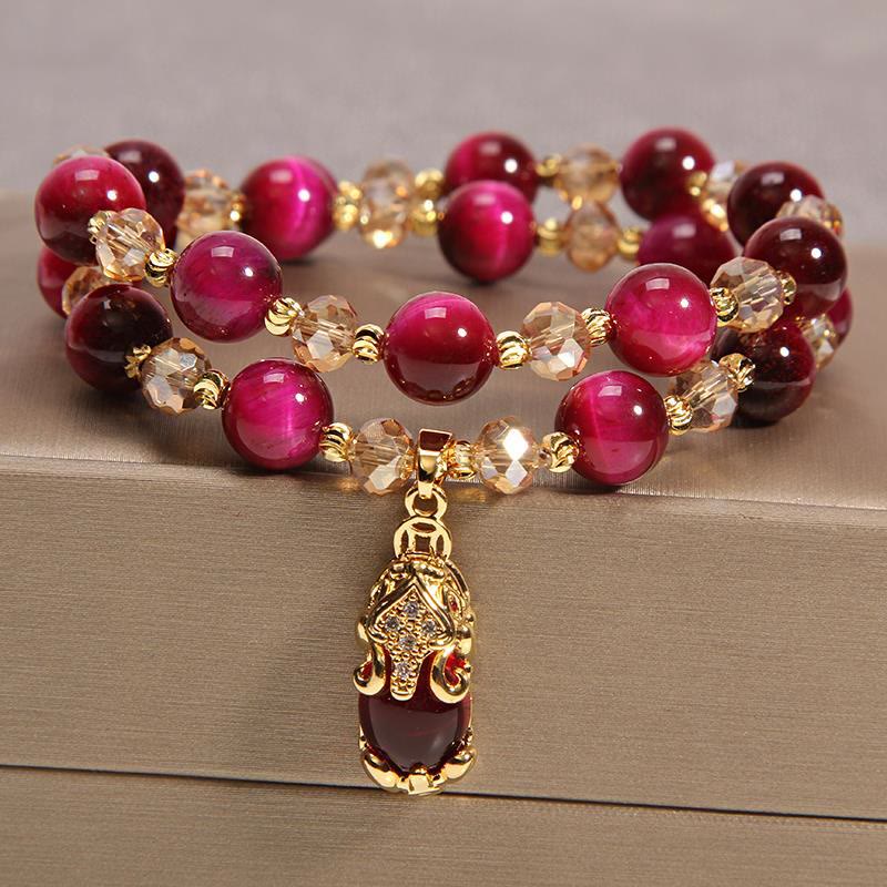 Buddha Stones Tiger Eye Pixiu Fox Money Bag Protection Self Confidence Double Wrap Bracelet - Red Tiger Eye&Pixiu - image 0