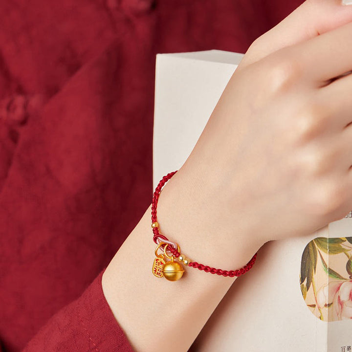 Buddha Stones Handmade Fu Character Charm Luck Happiness Bell Red Rope Bracelet - image 3