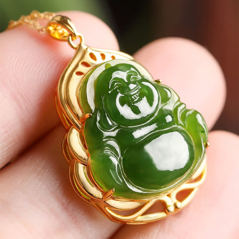 Buddha Stones 925 Sterling Silver Natural Hetian Cyan Jade Laughing Buddha 18K Gold Healing Necklace Chain Pendant - image 2