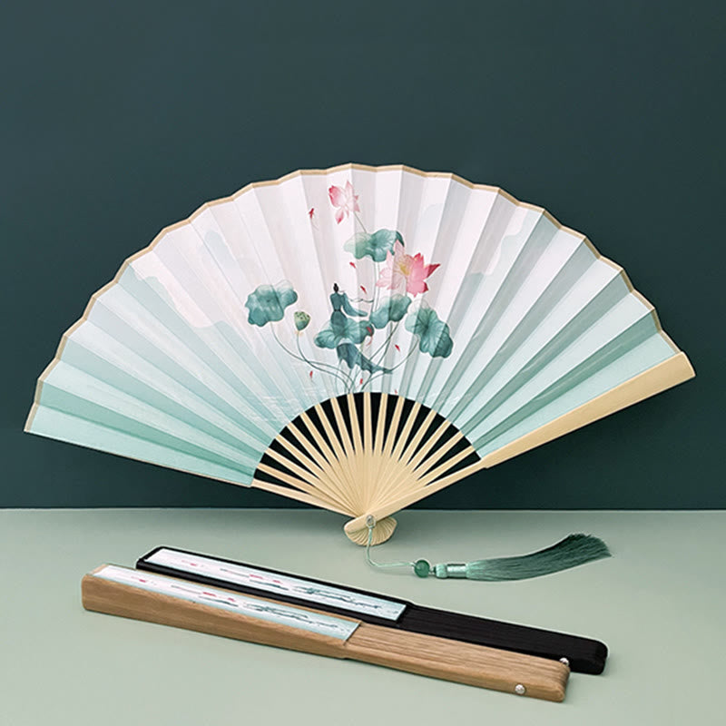 Buddha Stones Retro Lotus Flower Leaf Mountain Lake Handheld Folding Fan With Bamboo Frames - image 2