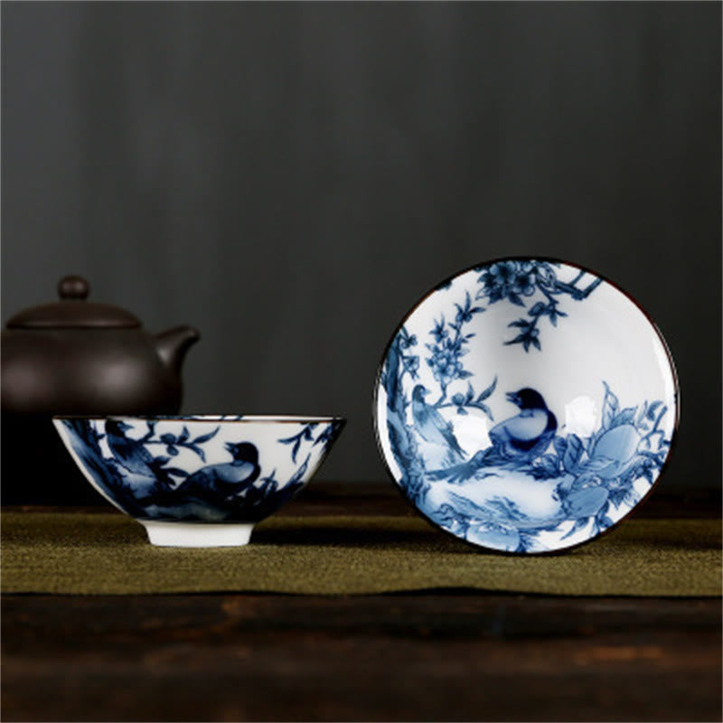 Buddha Stones Flowers Fu Character Mountains Lotus Cherry Blossoms Ceramic Teacup Kung Fu Tea Cup - Dark Blue Bird Branches 8.5cm*4cm*90ml - image 41