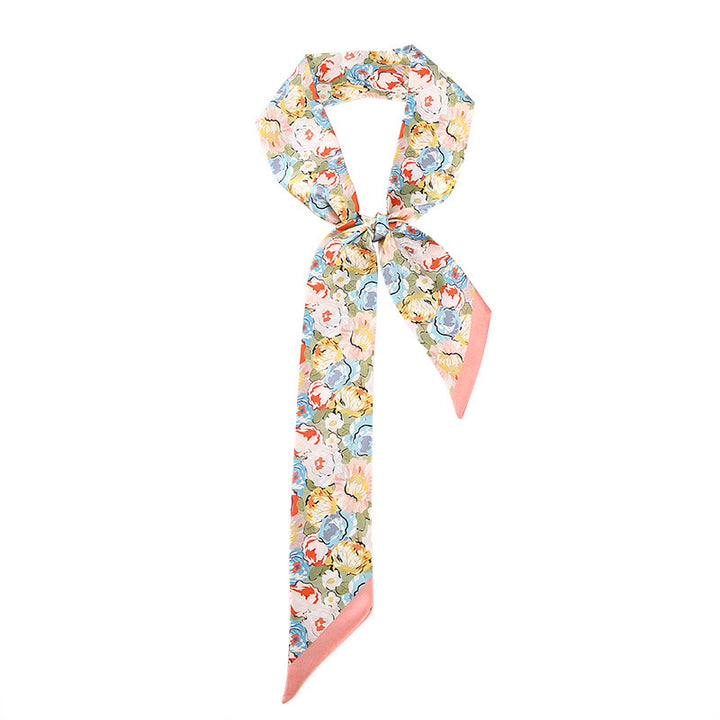 Buddha Stones Dunhuang Frescoes Mountains Sunset Floral Pattern 100% Mulberry Twilly Silk Neck Hair Scarf - Pink Flowers - image 17