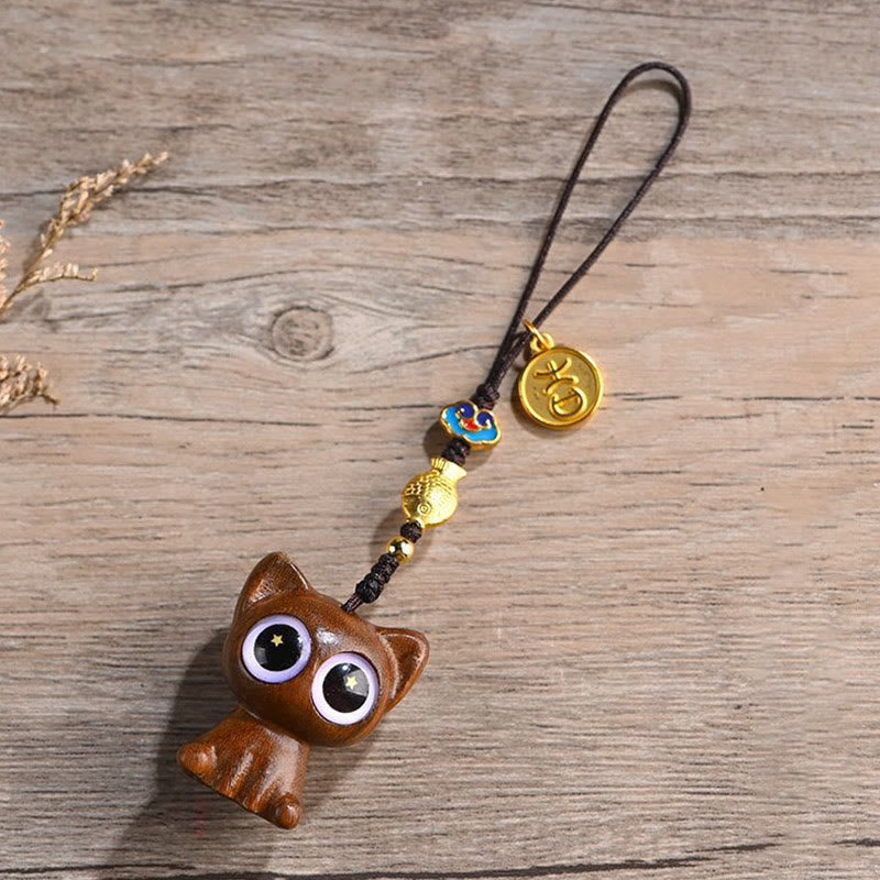 Buddha Stones Green Sandalwood Lucky Cat Koi Fish Cure Key Chain Phone Hanging Decoration - Green Sandalwood Cat Phone Hanging Decoration - image 2