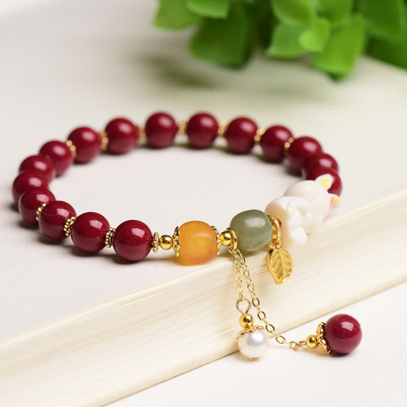 Buddha Stones Year of the Rabbit Cinnabar Hetian Jade Bunny Beaded Blessing Bracelet - image 1