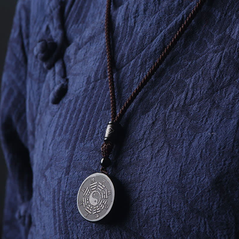 Buddha Stones Black Obsidian Bagua Yin Yang Strength Necklace Pendant - image 1
