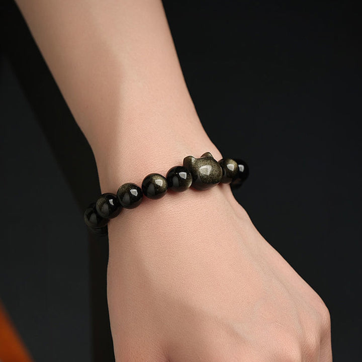 Buddha Stones Gold Sheen Obsidian Silver Sheen Obsidian Lovely Paw Lucky Cat Protection Bracelet - image 11
