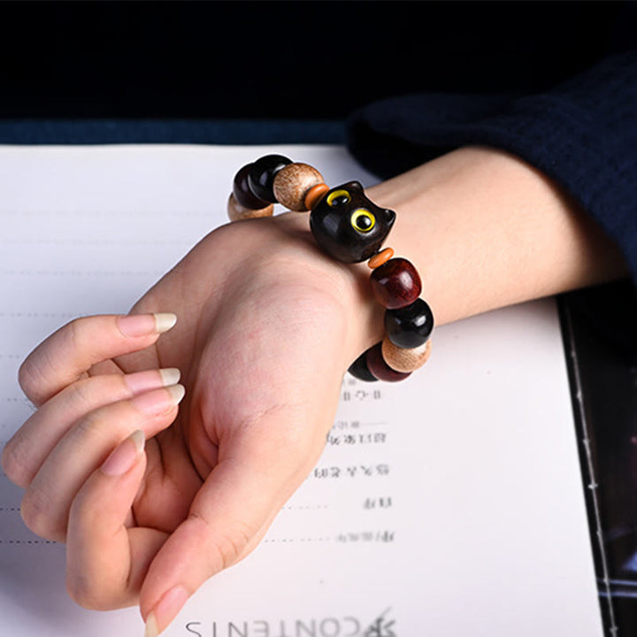 Buddha Stones Small Leaf Red Sandalwood Ebony Wood Cute Cat Engraved Protection Bracelet - image 12