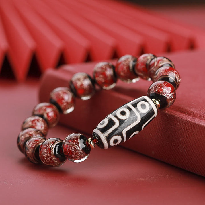 Buddha Stones Tibetan Nine-Eye Dzi Bead Three-eyed Dzi Bead Liuli Glass Bead Wealth Bracelet - Nine-Eye Dzi Bead - Red Liuli Glass Bead - 14mm - image 7