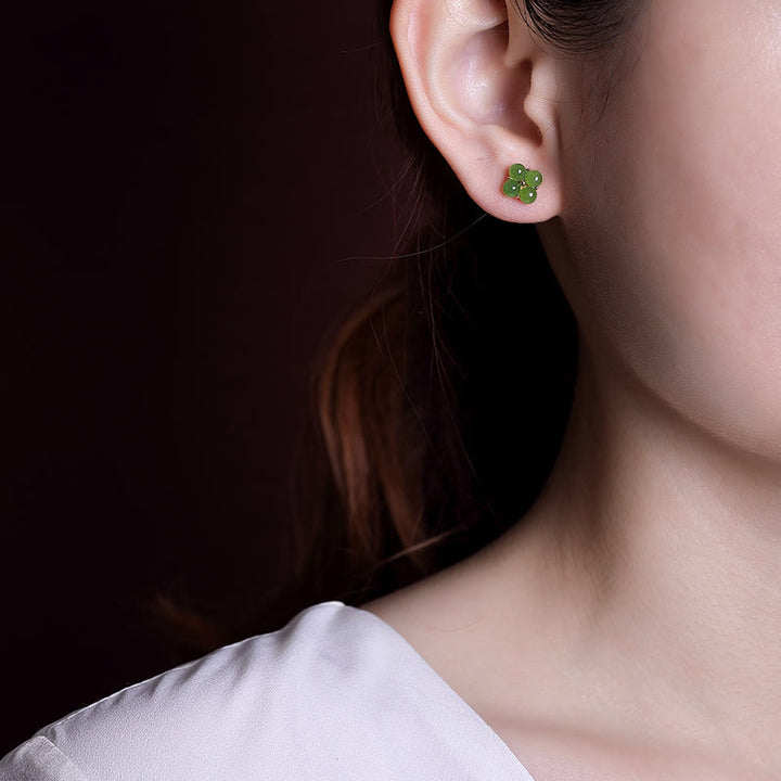 Buddha Stones 925 Sterling Silver Plated Gold Natural Cyan Jade Four Leaf Clover Luck Stud Earrings - image 6
