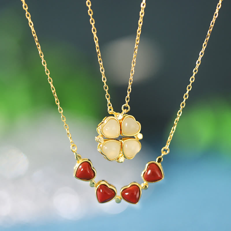 Buddha Stones 925 Sterling Silver Four Leaf Clover White Jade Red Agate Abundance Necklace Pendant - image 0