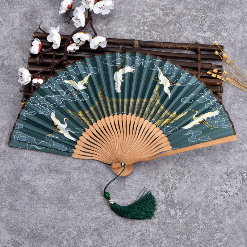 Buddha Stones Vintage Cloud Crane Pattern Handheld Bamboo Folding Fan - Dark Green - image 2